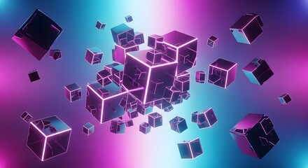 Floating array of reflective cubes with neon outlines on a gradient background of pink and blue