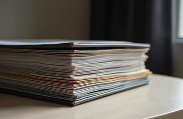 Thick photo album sits on table. Stack of paper pages bound together. Holds memories, stories, pictures. Ideal for scrapbooking, portfolios, or keepsakes.