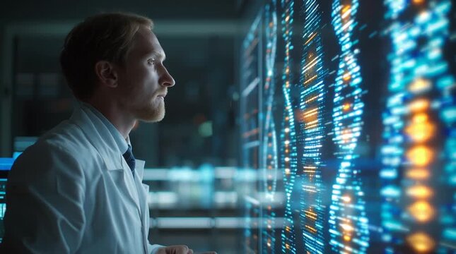 Scientist in lab coat examining dna strands on a digital interface screen - Powered by Adobe