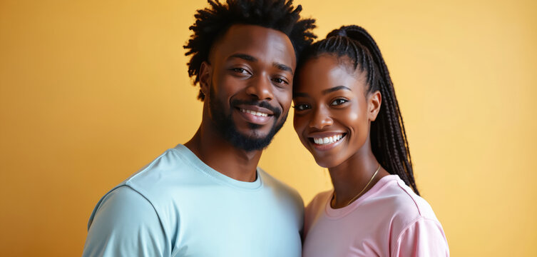 Young Black couple smiles warmly together. They wear casual t-shirts against a vibrant yellow studio backdrop. Their connection is evident in their happy expressions and eye contact.