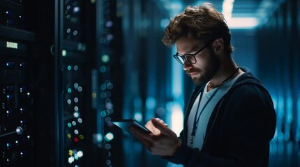 Man with glasses using tablet in server room with blue lighting visible
