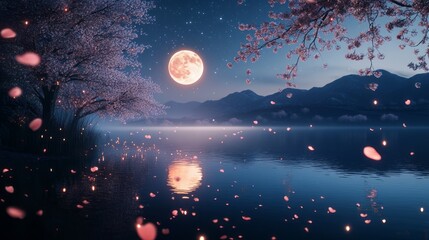 Tranquil landscape bathed soft moonlight, with blooming cherry blossoms. The calm water mirrors this beauty, inviting deep relaxation and immersion in natures wonders, enhancing your sense of serenity