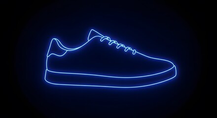 A luminous blue outline of a sneaker with laces on a solid black background in a digital rendering