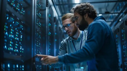 Two technicians inspecting server racks in a data center with blue lights - Powered by Adobe