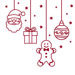 Line art vector illustration of collection of hanging christmas ornaments: Santa Claus head, a gift box, a gingerbread man, and a Christmas bauble. 
