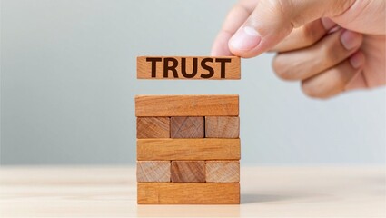 Building trust with wooden blocks symbolizing loyalty, confidence, honesty, and integrity. Conceptual background for human relationships, business assurance, and dependable values