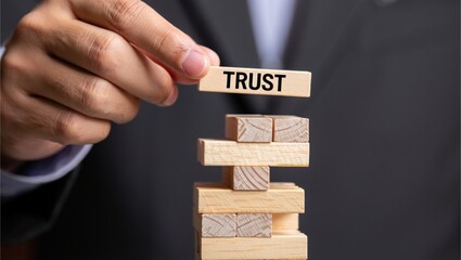 Building trust using wooden blocks as a symbol of integrity, responsibility, and belief. Conceptual message about loyalty, justice, and success in personal relationships or business communication