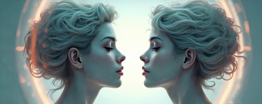 Two women blonde heads in profile face creating mirror image. Conceptual illustration explores self identity duality, inner thought processes. Soft ethereal light, glowing digital elements create