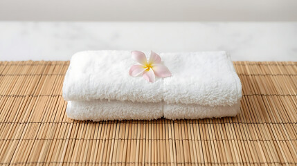 Folded white towels with a pink flower on a bamboo mat in a spa or bathroom setting scene view