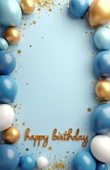 Fototapeta premium Blue and gold balloons float near text reading happy birthday. Confetti and stars scatter across light blue background. Festive anniversary celebration element. Party invitation graphic.