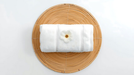 Folded white towel with a flower on a round wicker tray against a white background overhead shot