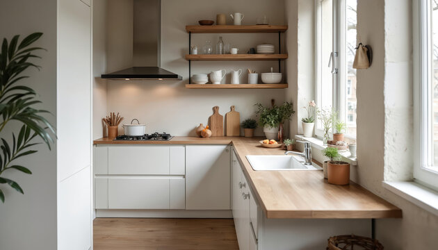 Stylish kitchen interior features white cabinets open wood shelves with cooking utensils. Cozy space with plants near window. Modern decor has wooden countertop and sink.