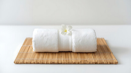 Rolled white towel with a small white flower on a bamboo mat against a white background in a spa setting