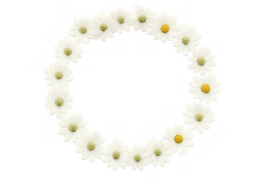 Daisy flower wreath creating a round decorative frame with white petals and yellow centers, transparent background - Powered by Adobe