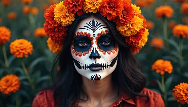 Woman with unique face paint celebrates Day of the Dead. Illustration depicts traditional holiday look with marigold flower crown. Artistic design shows colorful make-up and cultural festival spirit. - Powered by Adobe