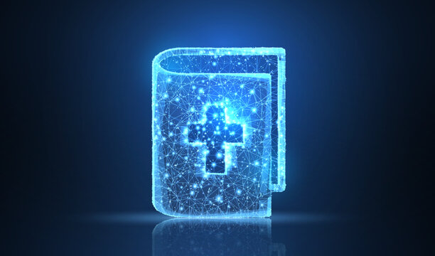 Bible with cross. Polygonal wireframe mesh on blue with dots, stars.