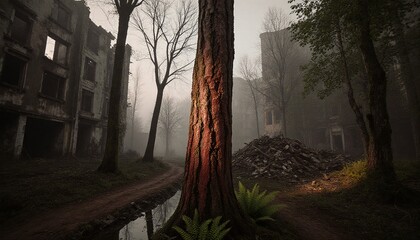 Abandoned Buildings and Illuminated Tree
