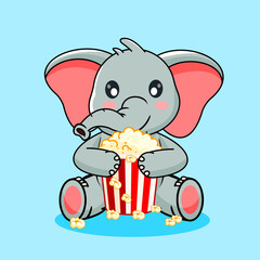 Cute Baby Elephant Sitting Enjoying Popcorn Vector Illustration Cartoon Kawaii Isolated Design