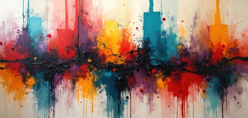 Abstract art background with expressive brush strokes, drips. Modern painting on textured canvas shows dynamic composition. Vibrant mixed media design chaotic splashes of vivid paint creating