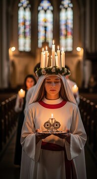 Young Nordic maiden leads the solemn Saint Lucia procession, wearing a radiant candle crown, carrying a single glowing flame inside a dimly lit sacred sanctuary.