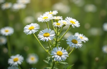 Obraz premium Close-up of white yarrow flowers in garden setting. Blossoms represent natural medicine, herbal remedies. Image springtime growth, medicinal plant cultivation for wellness applications.