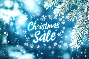 Cool toned winter Christmas Sale banner with snowflakes and frosted pine branches on icy blue frosty backgrounds. Refreshing festive seasonal marketing web banners. Holiday promotional. E-commerce.
