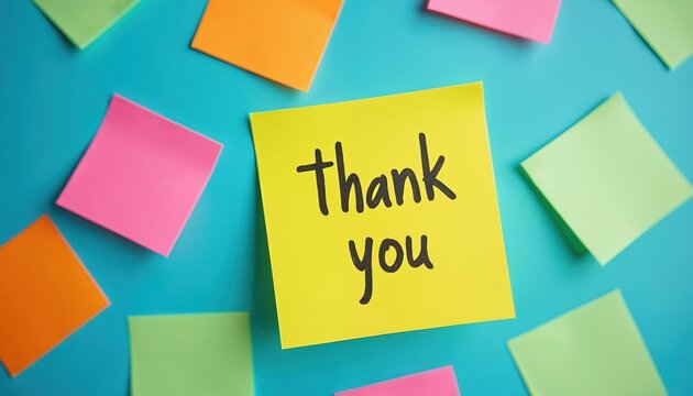 Bright yellow sticky note displays Thank in collection of colorful post-it notes on vibrant blue backdrop. Image represents appreciation teamwork, positive communication within modern workspace.