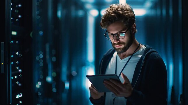 Man with glasses using tablet in server room with blue light ambiance - Powered by Adobe