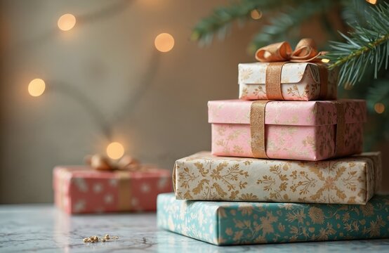 Stacked gift boxes with colorful patterned wrapping paper. Pink, blue, white, gold presents on table. Christmas tree lights in background. Gifts for holiday, birthday special occasion. Wrapped