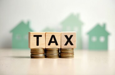Wooden blocks spell TAX sitting on stacks of coins. Green house silhouettes in background. Concept of property or house taxes payment and finance.