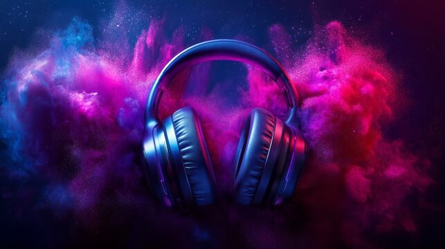 Modern headphones floating in colorful smoke explosion with glowing neon light, stylish audio design for music entertainment, digital lifestyle, sound technology, futuristic and abstract advertising