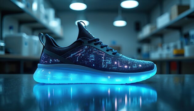 Futuristic athletic shoe with glowing blue sole and circuit board pattern on fabric. Innovative footwear design incorporates smart tech for performance and style in a modern setting. - Powered by Adobe