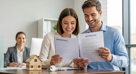 Young couple reviewing approved mortgage loan documents at bank office