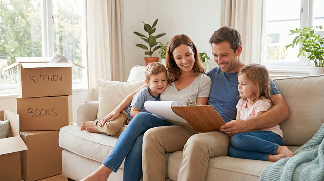 Family reviewing mortgage loan documents at home with moving boxes