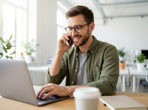 Business communication and multitasking with a smiling young professional talking on phone while using a laptop in office.