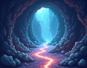 Magical fantasy cave with a glowing pixelated path. The mysterious underground cavern has a luminous trail. A mystic digital landscape for video game adventures exploring an ancient world.