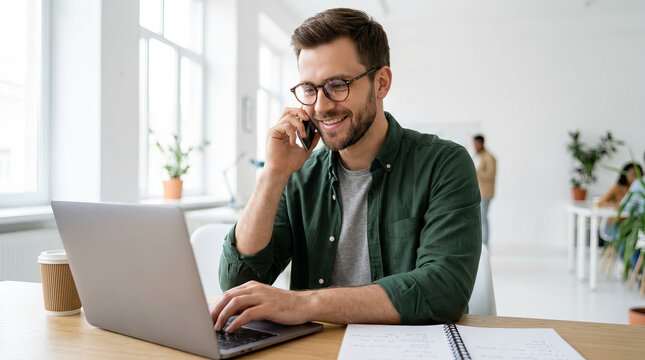 Successful young businessman talking on the phone while working on a laptop computer in a modern bright office.