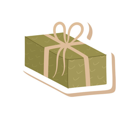 Trendy eco gift box with kraft cardboard and ribbon bow in flat style sticker. Present sticker with modern look as holiday or christmas decor, perfect for festive surprise or event label.