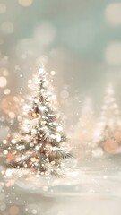 "Christmas Winter Blurred Vector Background with Snowy Tree and Glowing Holiday Lights"