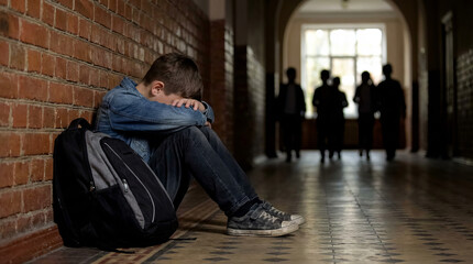 Bullying and social isolation concept with a sad, lonely student sitting alone on the floor in a dark school hallway.