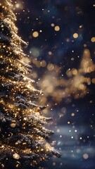 "Blurred Christmas Winter Background with Snowy Tree and Garland Lights – Wide Festive Backdrop"