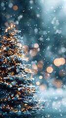 "Blurred Christmas Winter Background with Snowy Tree and Garland Lights – Wide Festive Backdrop"