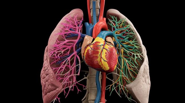 Anatomical model showing heart and lungs with blood vessels on black backdrop
