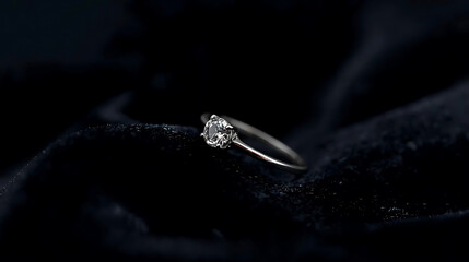 Close up shot of a silver ring with a clear stone on a dark velvet surface in dim lighting setup
