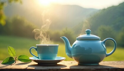 Blue teapot and cup sit on a wooden table. Steam rises from the hot beverage. Green hills and bright sun form background. Nature scene promotes calm and relaxation.