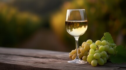 Glass of white wine and grapes on rustic wooden table in vineyard at sunset