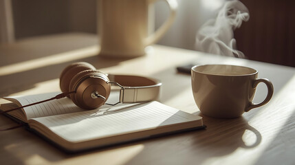 Aesthetic morning scene with headphones on open notebook and steaming coffee mug on a wooden table