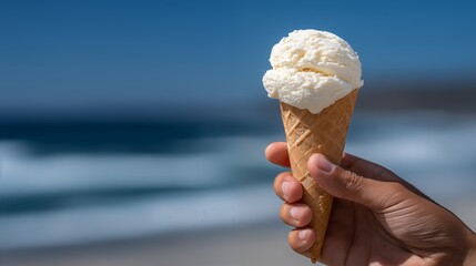 Hand holding vanilla ice cream cone at beach with blue ocean in background