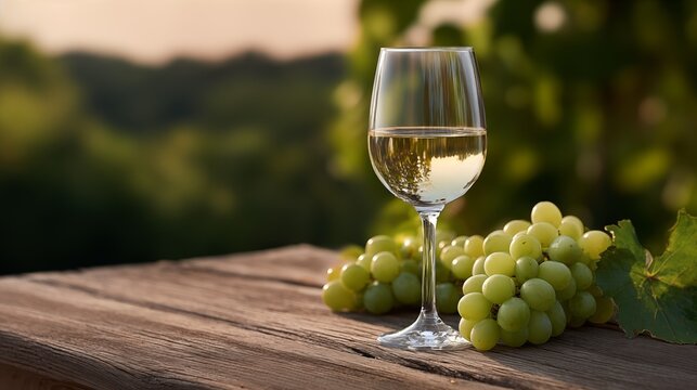 White wine glass with green grapes on wooden terrace in vineyard on summer evening