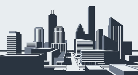 Fototapeta premium Monochromatic Cityscape Illustration with Modern Architectural Buildings and Urban Skyline.